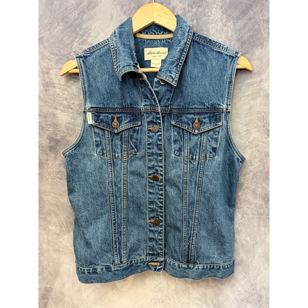 Eddie Bauer Mens Y2K Denim Trucker Vest Medium Wash Blue Cotton Jacket M